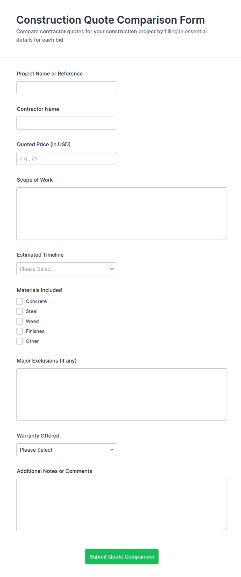 Construction Quote Comparison Form Template | Jotform
