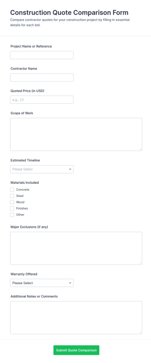 Construction Quote Comparison Form Template