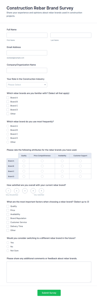 Construction Rebar Brand Survey Form Template