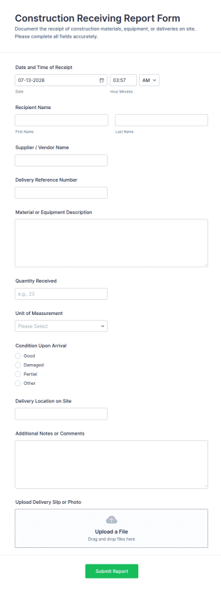 Construction Receiving Report Form Template