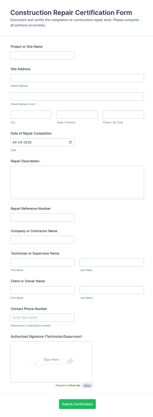 Construction Repair Certification Form Template