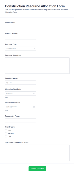 Construction Resource Allocation Form Template