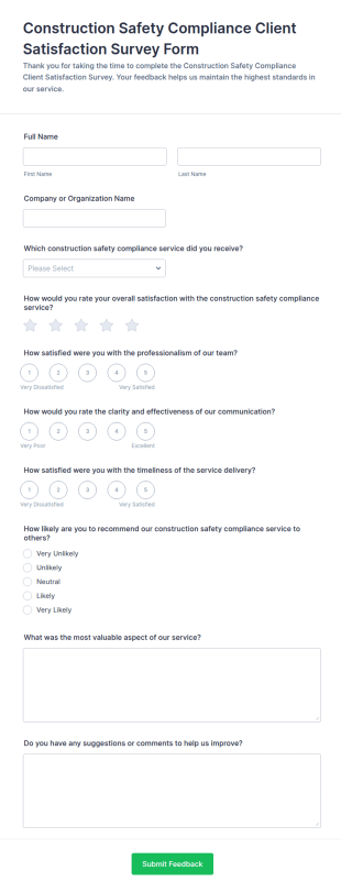 Construction Safety Compliance Client Satisfaction Survey Form Template