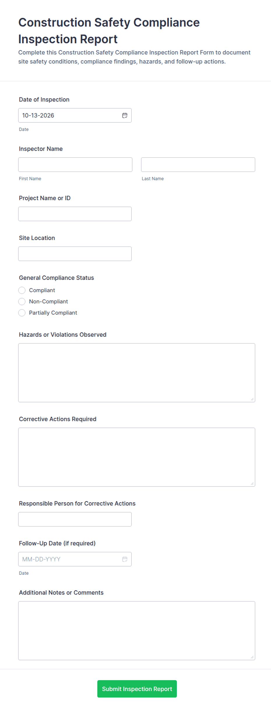 Construction Safety Compliance Inspection Report Form Template | Jotform