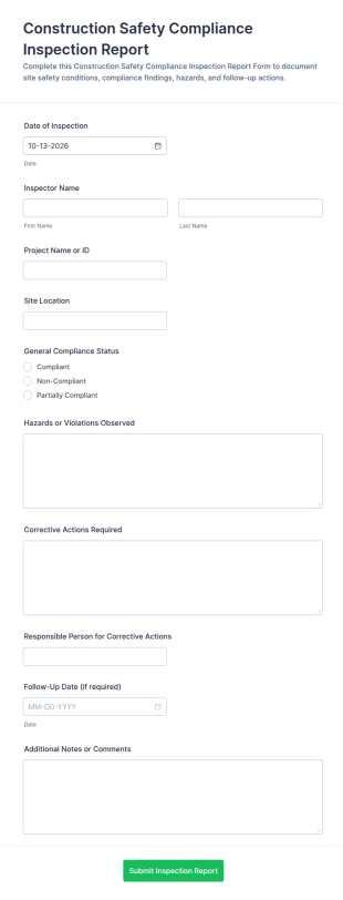 Construction Safety Compliance Inspection Report Form Template