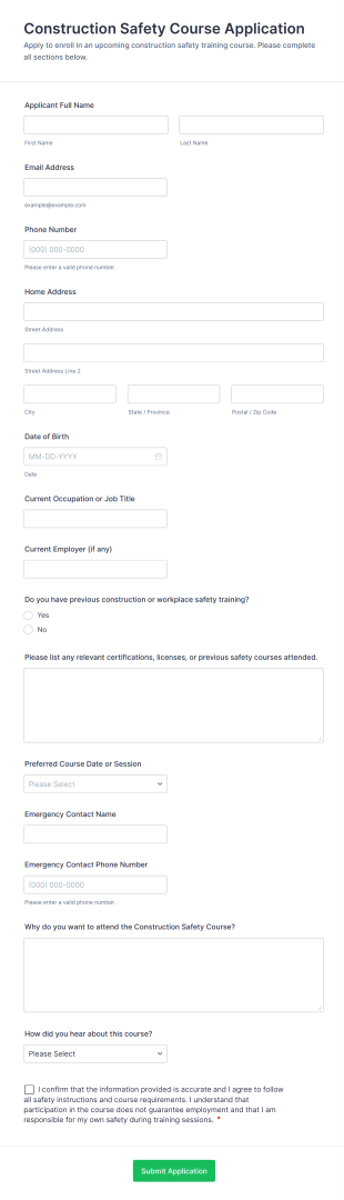 Construction Safety Course Application Form Template