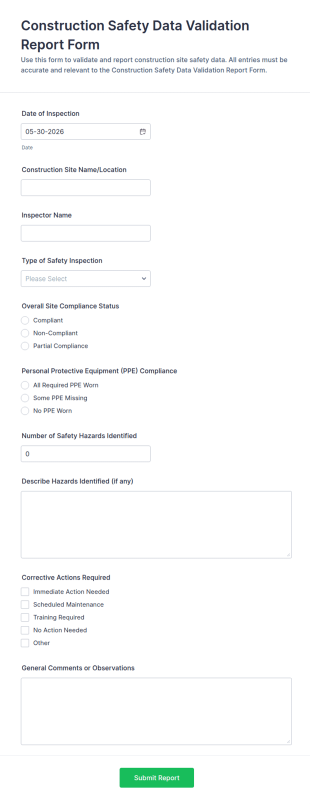 Construction Safety Data Validation Report Form Template