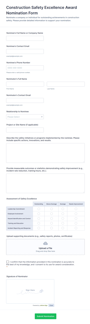 Construction Safety Excellence Award Nomination Form Template