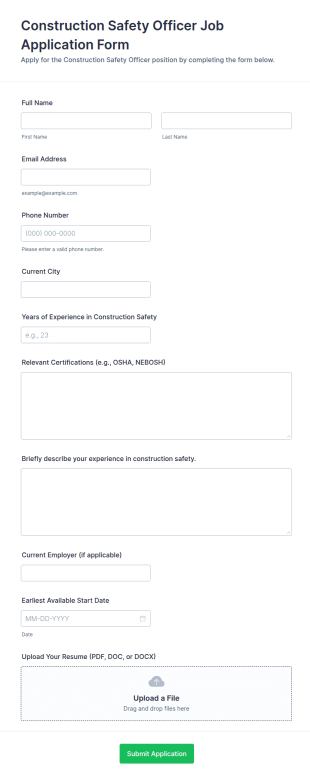 Construction Safety Officer Job Application Form Template