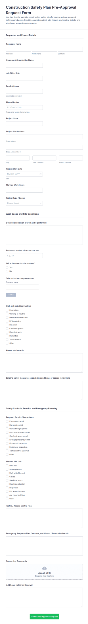 Construction Safety Plan Pre Approval Request Form Template