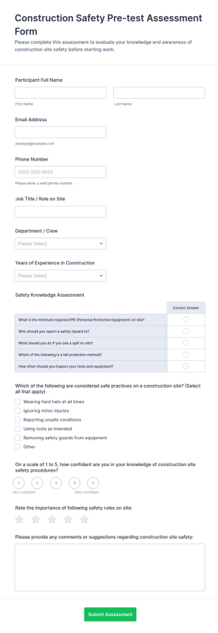 Construction Safety Pre Test Assessment Form Template