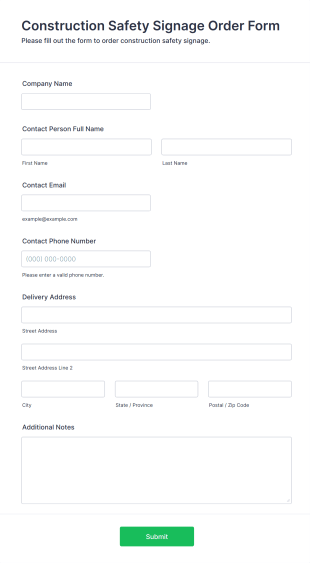 Construction Safety Signage Order Form Template