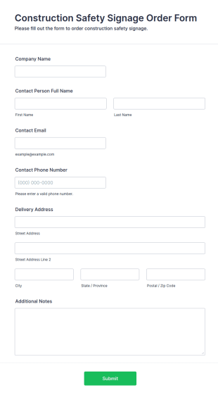 Construction Safety Signage Order Form Template