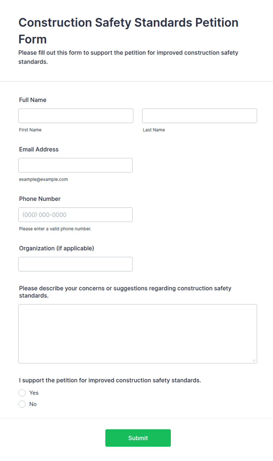 Construction Safety Standards Petition Form Template | Jotform