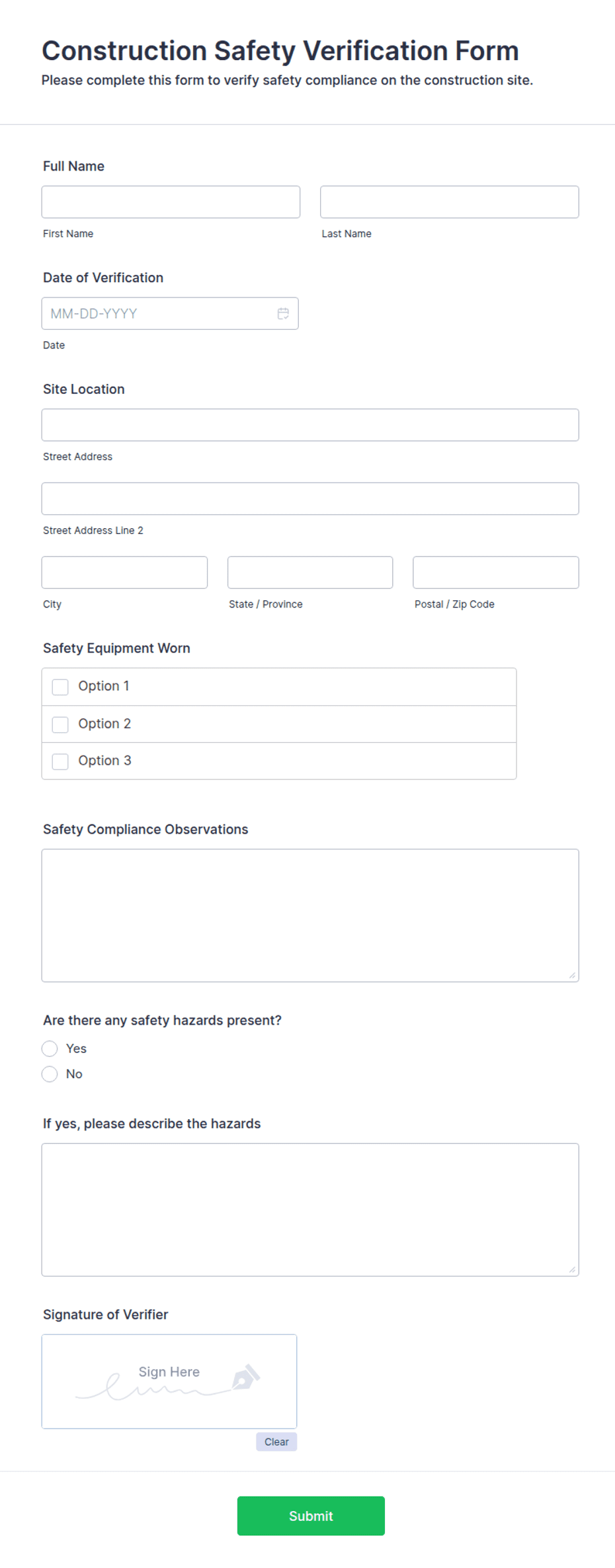 Construction Safety Verification Form Template | Jotform