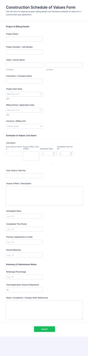 Construction Schedule Of Values Form Template