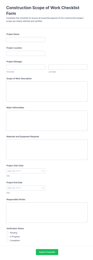 Construction Scope Of Work Checklist Form Template