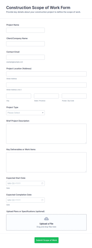Construction Scope Of Work Form Template