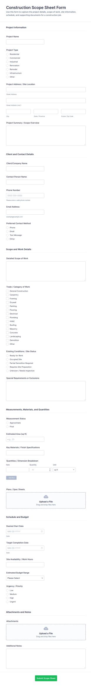 Construction Scope Sheet Form Template