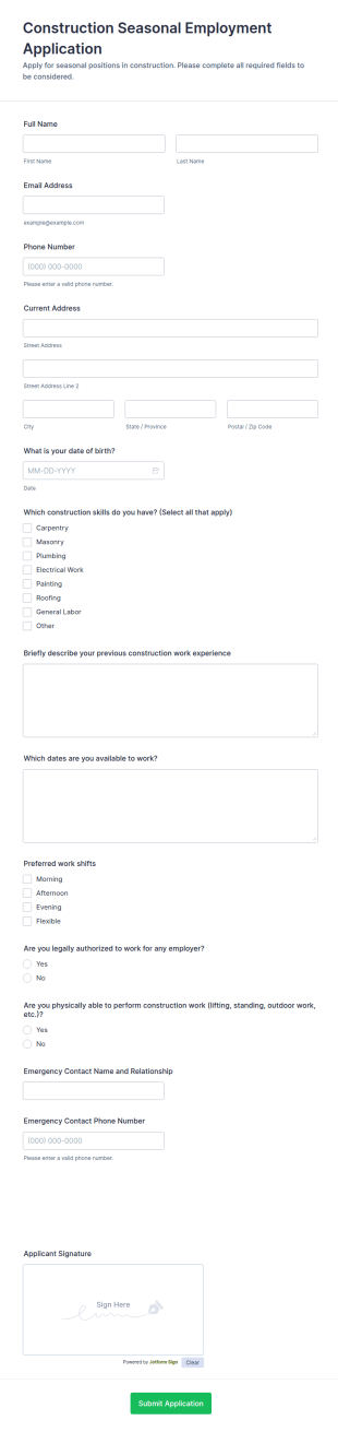 Construction Seasonal Employment Application Form Template