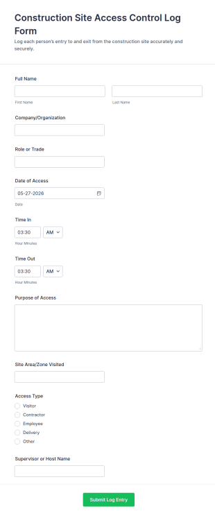 Construction Site Access Control Log Form Template