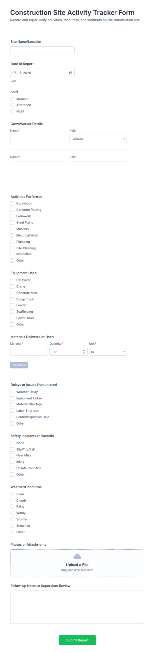 Construction Site Activity Tracker Form Template