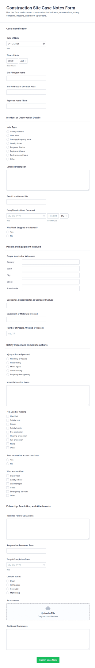 Construction Site Case Notes Form Template