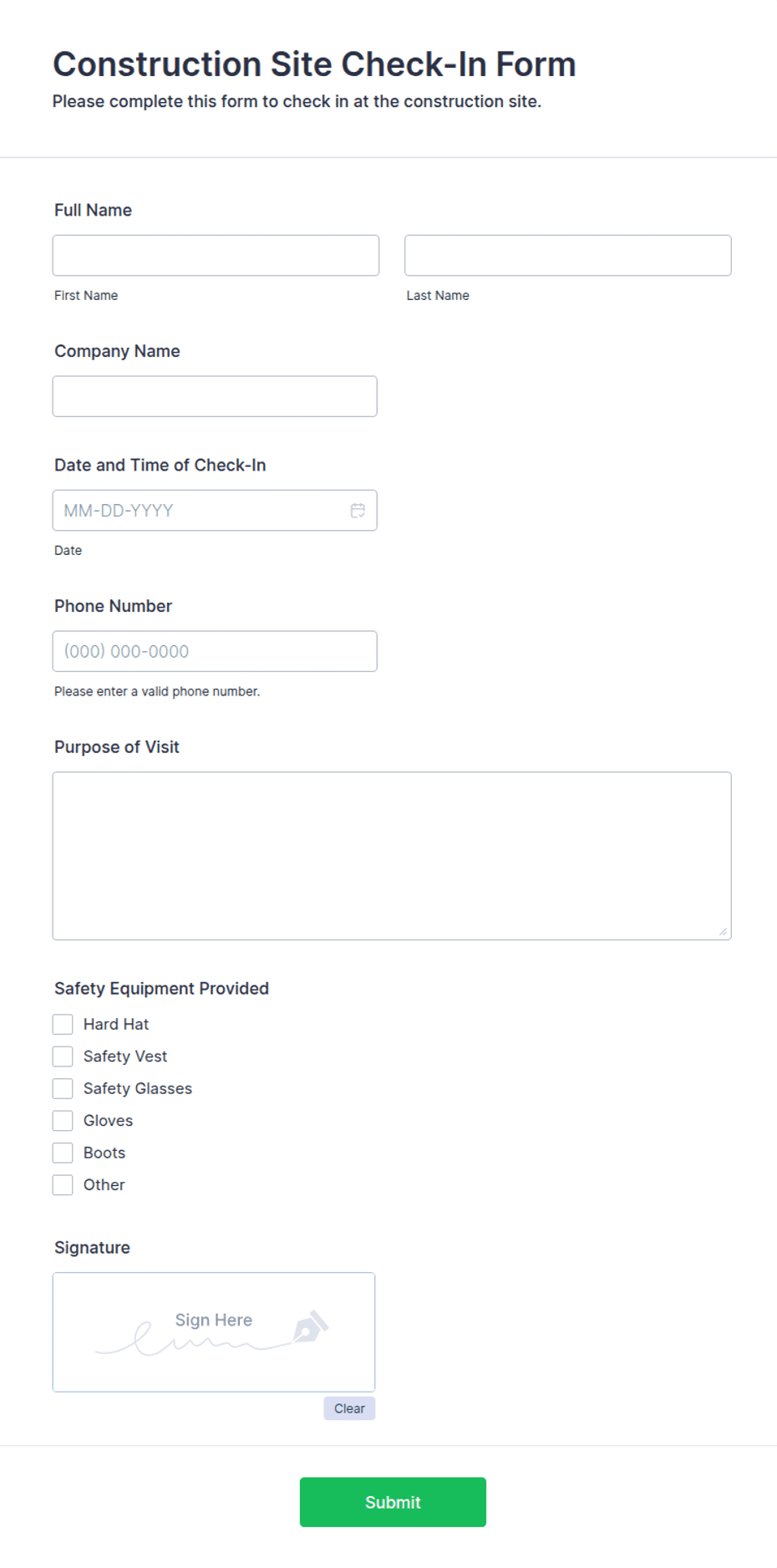 Construction Site Check-In Form Template | Jotform