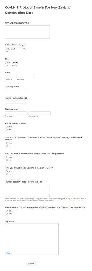 Construction Site Covid 19 Protocol Form Template