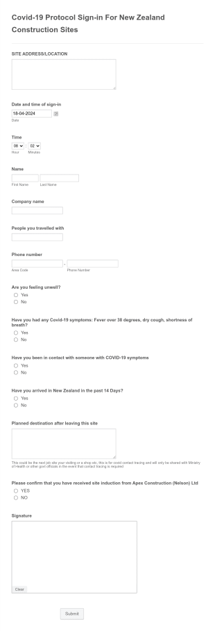 Construction Site Covid 19 Protocol Form Template