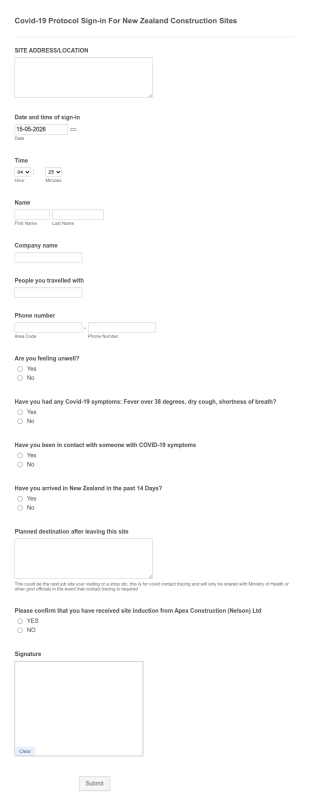 Construction Site Covid 19 Protocol Form Template
