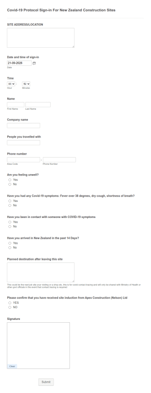 Construction Site Covid 19 Protocol Form Template