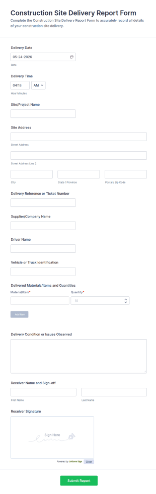 Construction Site Delivery Report Form Template