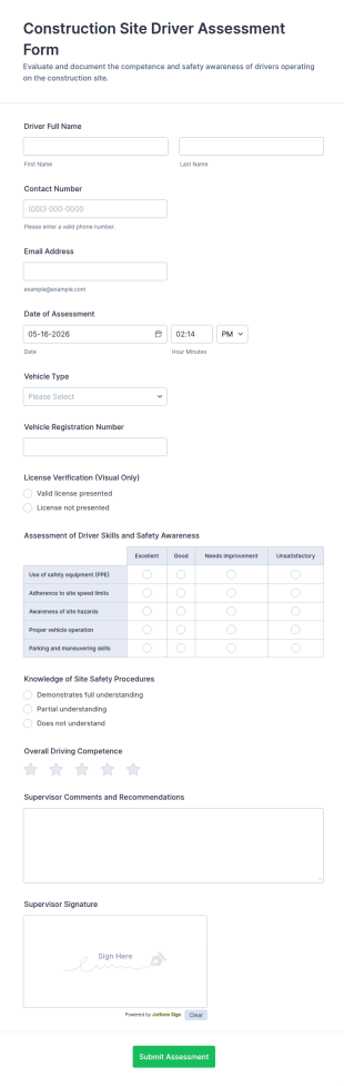 Construction Site Driver Assessment Form Template