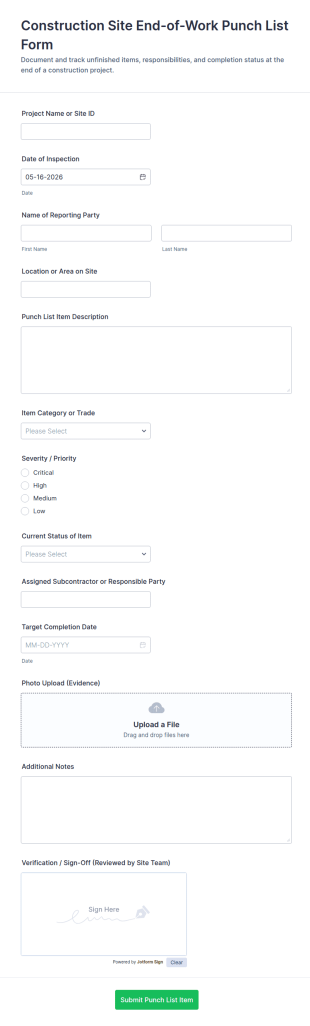 Construction Site End Of Work Punch List Form Template