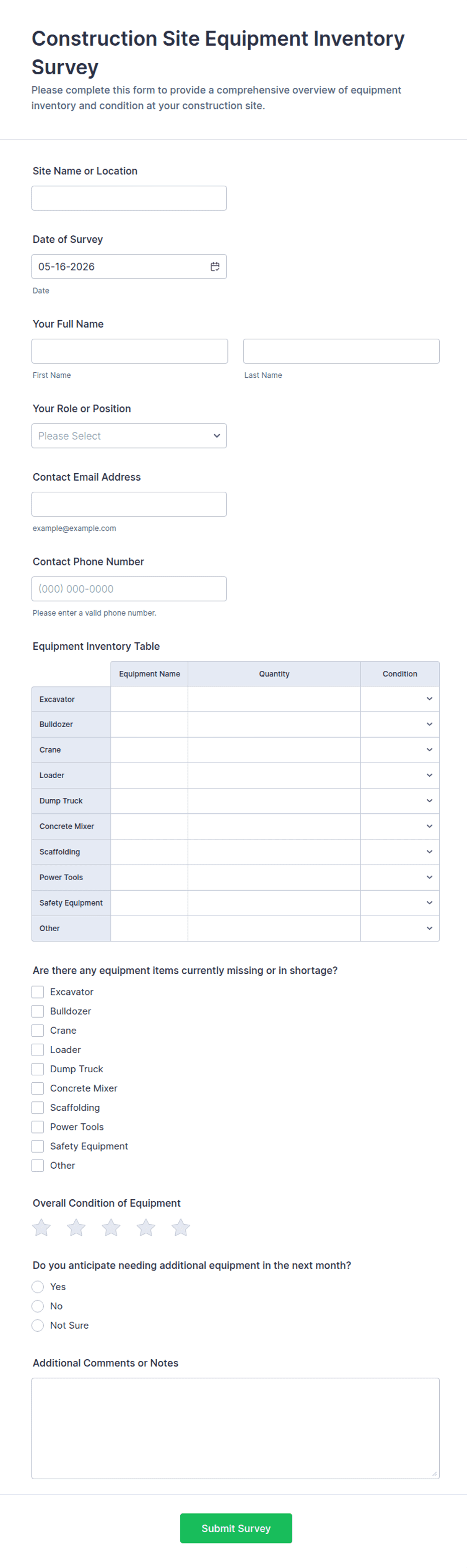 Construction Site Equipment Inventory Survey Form Template | Jotform