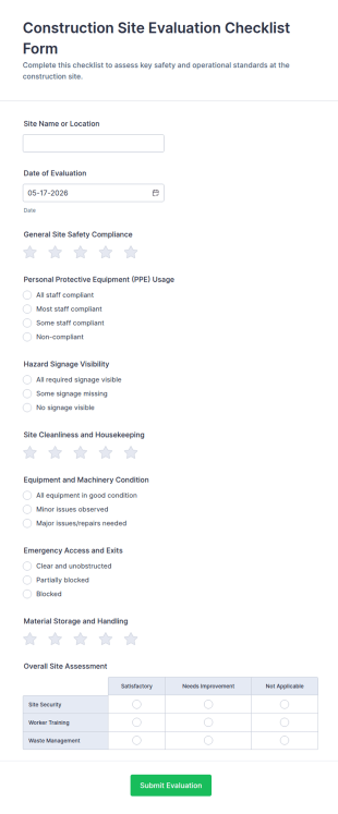 Construction Site Evaluation Checklist Form Template