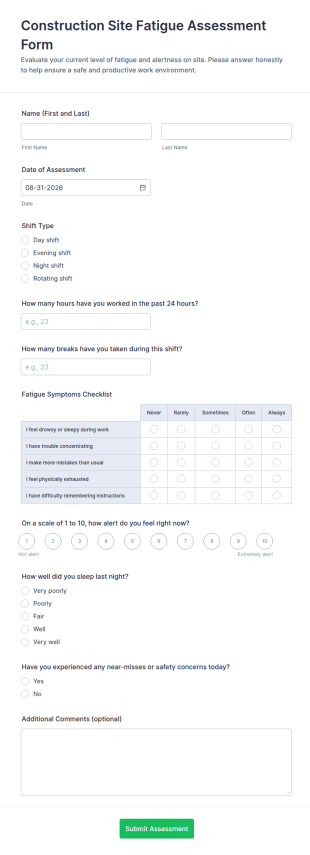 Construction Site Fatigue Assessment Form Template