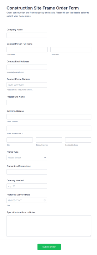 Construction Site Frame Order Form Template