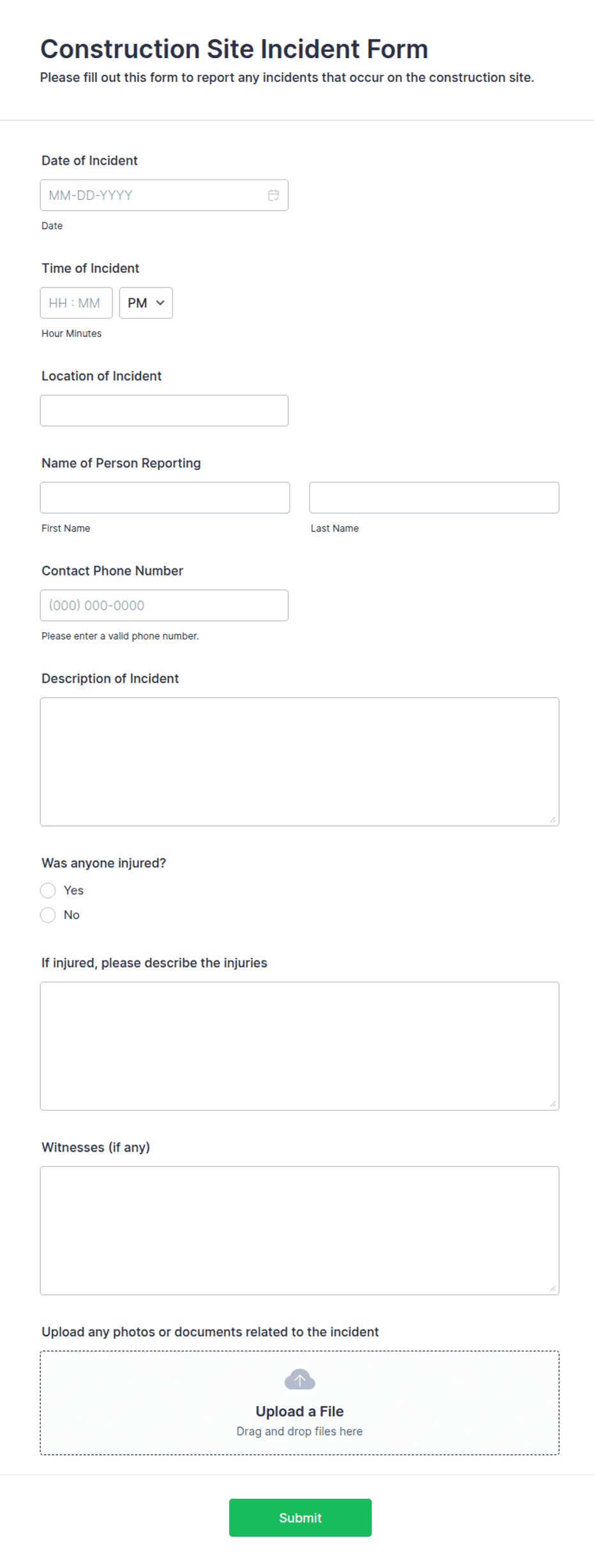 Construction Site Incident Form Template | Jotform