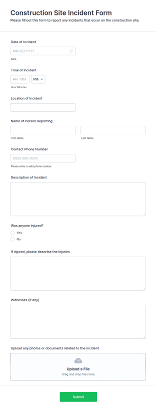 Construction Site Incident Form Template