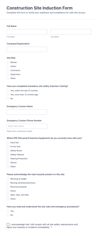 Construction Site Induction Form Template