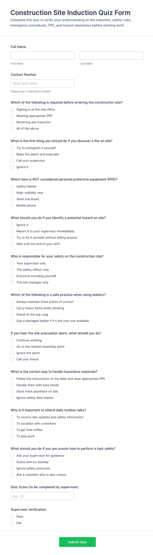 Construction Site Induction Quiz Form Template