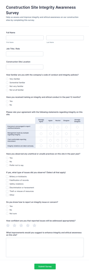Construction Site Integrity Awareness Survey Form Template