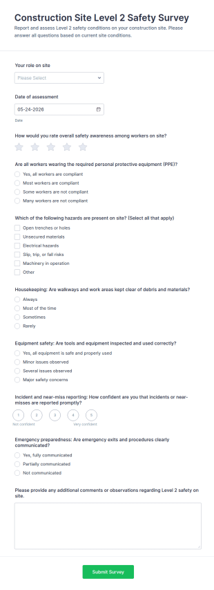 Construction Site Level 2 Safety Survey Form Template