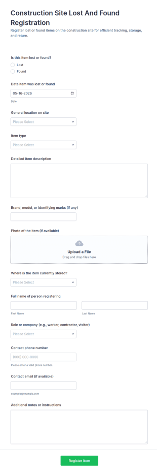 Construction Site Lost And Found Registration Form Template