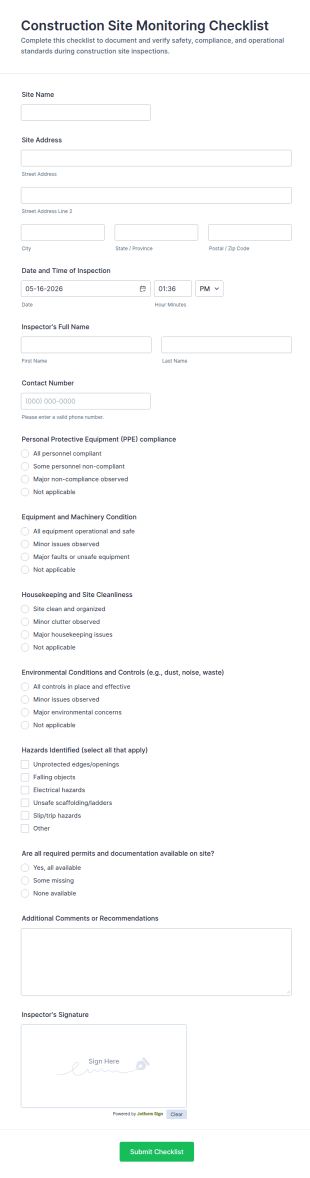 Construction Site Monitoring Checklist Form Template