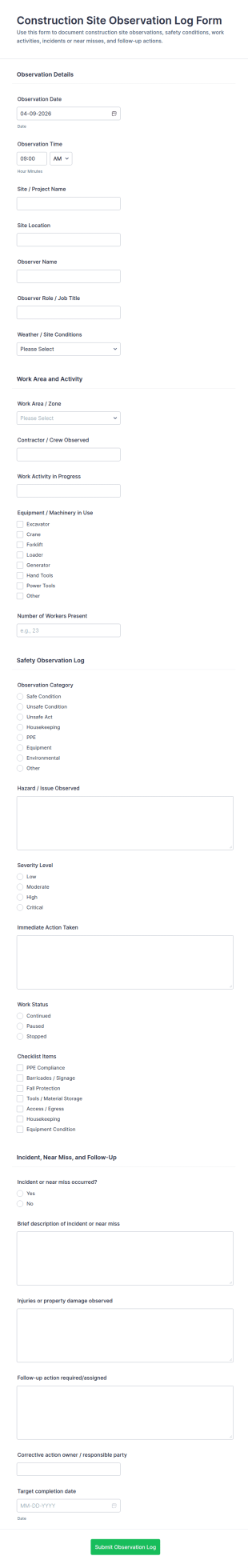 Construction Site Observation Log Form Template