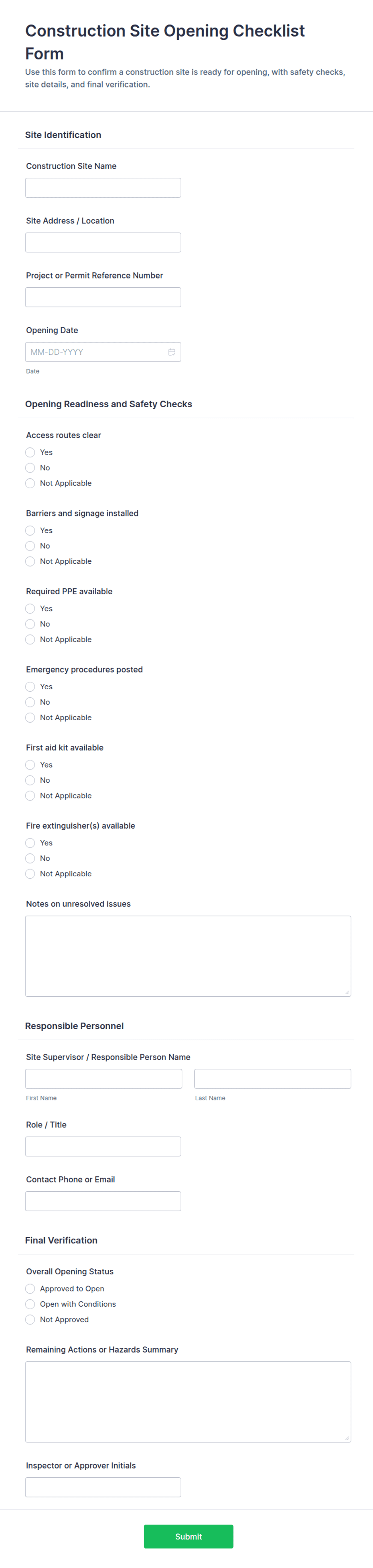Construction Site Opening Checklist Form Template | Jotform