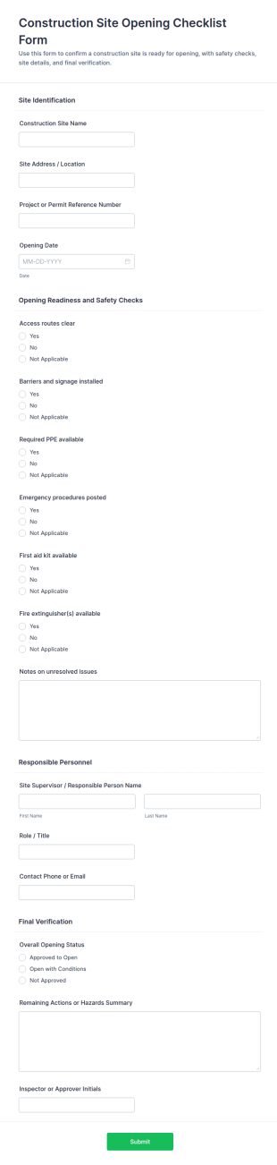 Construction Site Opening Checklist Form Template